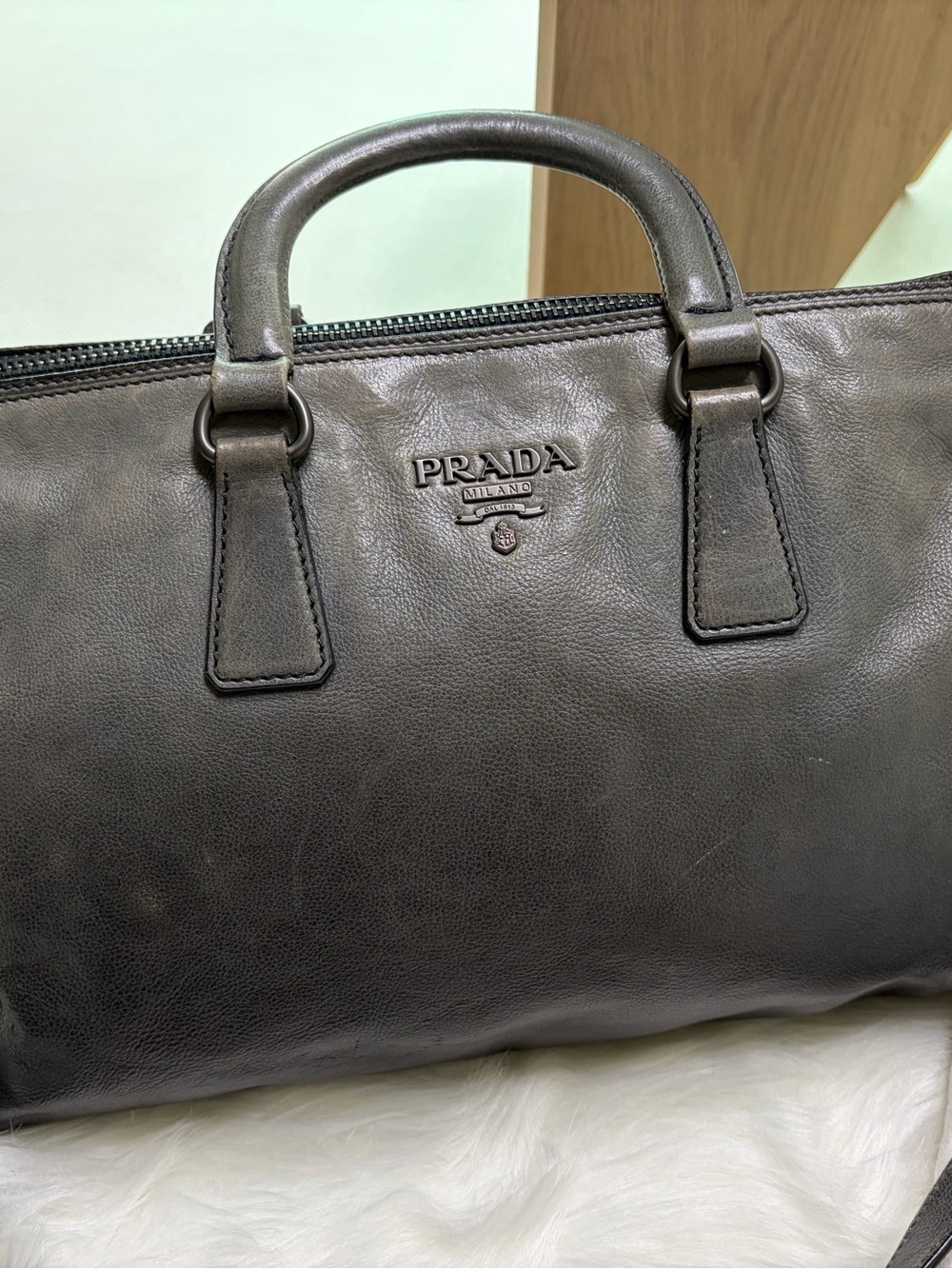 Authentic PRADA Vintage Gray Leather 2-Way Bag